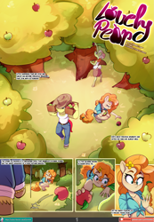 Size: 1555x2250 | Tagged: safe, alternate character, alternate version, artist:chocokangoo, artist:lummh, artist:tomi_ouo, bright mac, granny smith, pear butter, earth pony, anthro, comic:lovely pear, g4, apple, comic, commissioner:dualreason, female, food, group, male, pear, ship:brightbutter, shipping, smiling, straight, young granny smith, younger