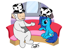 Size: 7015x4960 | Tagged: safe, artist:gabriel18017, oc, oc:lisa, earth pony, pony, g4, blue pony, commission, crossover, earth pony oc, female, hat, male, slendytubbies, teletubbies, the guardian, window