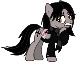 Size: 1352x1089 | Tagged: safe, artist:lightningbolt, derpibooru exclusive, pegasus, pony, g4, .svg available, angry, bags under eyes, bandage, blood, broken wing, clothes, fangs, folded wings, gerard way, gritted teeth, jacket, leather, leather jacket, long sleeves, looking back, male, my chemical romance, ponified, raised hoof, scarf, show accurate, simple background, solo, stallion, standing, striped scarf, svg, teeth, transparent background, vector, wings