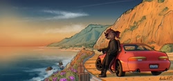 Size: 1240x582 | Tagged: safe, artist:apocheck13, oc, oc only, oc:whiskey dreams, anthro, california, car, coast, highway, nissan, nissan silvia, nose piercing, nose ring, ocean, piercing, road, scenery, scenery porn, smoking, solo, sunset, water