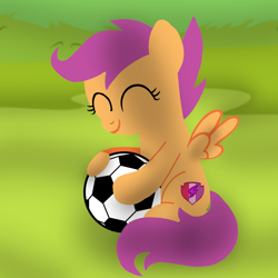 Size: 1400x1400 | Tagged: safe, artist:mlplary6, scootaloo, pegasus, pony, g4, ^^, ball, eyes closed, female, filly, foal, football, scootalove, sitting, smiling, solo, sports