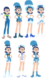 Size: 777x1310 | Tagged: safe, artist:selenaede, artist:user15432, fairy, human, equestria girls, g4, aiko senoo, barely eqg related, base used, blue dress, boots, clothes, crossover, ear piercing, earring, equestria girls style, equestria girls-ified, gloves, hand on hip, hat, high heel boots, high heels, jewelry, mimi (ojamajo doremi), mirabelle p. haywood, ojamajo doremi, overalls, piercing, shirt, shoes, simple background, white background, witch, witch apprentice, witch hat