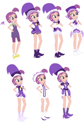 Size: 952x1373 | Tagged: safe, artist:selenaede, artist:user15432, fairy, human, equestria girls, g4, barely eqg related, base used, boots, clothes, converse, crossover, dress, ear piercing, earring, equestria girls style, equestria girls-ified, gloves, hand on hip, hat, high heel boots, high heels, jewelry, ojamajo doremi, onpu segawa, piercing, purple dress, roro, shoes, simple background, sneakers, white background, witch, witch apprentice, witch hat