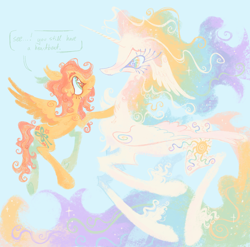 Size: 1280x1264 | Tagged: safe, artist:webkinzworldz, fluttershy, princess celestia, alicorn, pegasus, pony, g4, alternate design, chest fluff, colored wings, colored wingtips, crying, duo, ethereal hair, ethereal mane, ethereal tail, female, flying, folded wings, hoof on chest, lesbian, light blue background, multicolored wings, rainbow eyes, ship:flutterlestia, shipping, simple background, speech, speech bubble, spread wings, tail, talking, teardrop, teary eyes, text, thick eyebrows, unshorn fetlocks, wing ears, wings