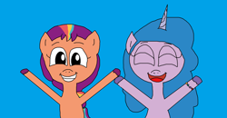 Size: 1998x1036 | Tagged: safe, artist:blazewing, izzy moonbow, sunny starscout, earth pony, pony, unicorn, g5, atg 2023, blue background, bracelet, drawpile, duo, eyes closed, female, friendship bracelet, happy, hooves in air, jewelry, mane stripe sunny, mare, newbie artist training grounds, open mouth, simple background, smiling