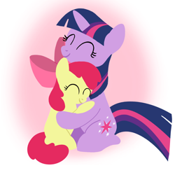 Size: 1400x1400 | Tagged: safe, artist:mlplary6, apple bloom, twilight sparkle, earth pony, pony, unicorn, g4, ^^, bow, duo, eyes closed, female, filly, foal, friends, hair bow, hug, mare, sitting, unicorn twilight