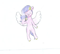 Size: 2000x1835 | Tagged: safe, artist:adamv20, pipp petals, pegasus, pony, g5, eyes closed, female, flying, jewelry, mare, microphone, newbie artist training grounds, simple background, singing, solo, tiara, traditional art, unshorn fetlocks, white background