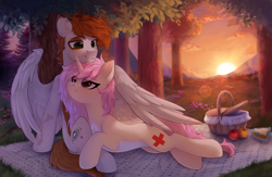 Size: 4000x2600 | Tagged: safe, artist:anku, oc, oc only, pegasus, pony, squirrel, unicorn, apple, basket, chest fluff, commission, cuddling, duo, female, food, forest, lens flare, male, mare, mountain, picnic, picnic basket, picnic blanket, sandwich, sun, tree