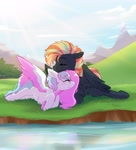 Size: 2893x3193 | Tagged: safe, artist:kaenn, oc, oc only, oc:dyn, oc:treading step, pegasus, pony, colored wings, complex background, cute, duo, female, high res, hooves, lying down, male, multicolored hair, multicolored mane, multicolored tail, multicolored wings, nuzzling, oc x oc, pegasus oc, pink mane, prone, reflection, shipping, snuggling, straight, tail, uwu, water, wings