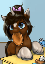 Size: 1024x1449 | Tagged: safe, artist:zsnowfilez, oc, oc only, oc:chocolate frostheart, pony, unicorn, bow, coat markings, colored eartips, colored horn, facial markings, female, food, hair bow, hooves on the table, horn, looking at you, mare, mouth hold, pancakes, smiling, smiling at you, socks (coat markings), solo, star (coat marking), unshorn fetlocks
