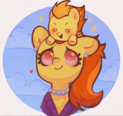 Size: 788x747 | Tagged: safe, artist:amaeeart, spitfire, stormy flare, pony, g4, baby, baby pony, cloud, cute, cutefire, duo, female, filly, filly spitfire, heart, mother and child, mother and daughter, pony hat, simple background, smiling, younger