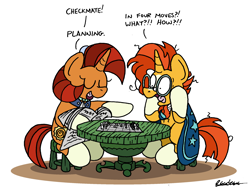 Size: 2224x1680 | Tagged: safe, artist:bobthedalek, stellar flare, sunburst, pony, unicorn, g4, atg 2023, blaze (coat marking), chess, chess piece, chessboard, cloak, clothes, coat markings, duo, facial markings, female, furniture, glasses, jewelry, male, mare, mother and child, mother and son, necklace, newbie artist training grounds, newspaper, pearl necklace, simple background, socks (coat markings), stallion, stool, sunburst's cloak, sunburst's glasses, table, that pony sure does love plans, white background