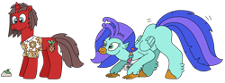 Size: 2991x1112 | Tagged: safe, artist:supahdonarudo, oc, oc only, oc:ironyoshi, oc:sea lilly, classical hippogriff, hippogriff, insect, pony, unicorn, atg 2023, butt shake, camera, clothes, duo, face down ass up, imminent pounce, jewelry, necklace, newbie artist training grounds, rock, shirt, simple background, this will end in snuggles, transparent background