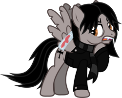 Size: 1352x1089 | Tagged: safe, alternate version, artist:lightningbolt, derpibooru exclusive, pegasus, pony, g4, .svg available, angry, bags under eyes, bandage, blood, broken wing, clothes, fangs, gerard way, jacket, leather, leather jacket, long sleeves, looking back, male, my chemical romance, open mouth, ponified, raised hoof, scarf, show accurate, simple background, solo, spread wings, stallion, standing, striped scarf, svg, tattered, tattered wings, teeth, transparent background, vector, wings