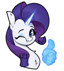 Size: 2900x3200 | Tagged: safe, artist:aquaticvibes, rarity, pony, unicorn, g4, bust, chest fluff, female, glowing, glowing horn, hand, high res, horn, looking at you, magic, magic hands, mare, one eye closed, simple background, smiling, smiling at you, solo, three quarter view, thumbs up, white background, wink, winking at you