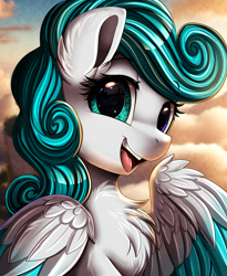 Size: 1446x1764 | Tagged: safe, artist:pridark, oc, oc only, pegasus, pony, chest fluff, open mouth, open smile, outdoors, partially open wings, smiling, solo, wings