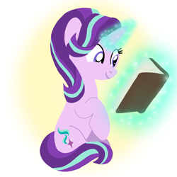 Size: 1400x1400 | Tagged: safe, artist:mlplary6, starlight glimmer, pony, unicorn, g4, book, female, magic, magic aura, mare, sitting, smiling, solo