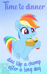 Size: 1150x1788 | Tagged: safe, artist:theretroart88, part of a set, rainbow dash, pegasus, pony, g4, burger, cup, cute, dashabetes, drink, drinking, eating, english, female, food, gradient background, herbivore, mare, movie accurate, poster, signature, solo, text, wing hands, wing hold, wings