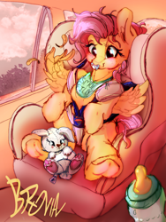 Size: 2400x3200 | Tagged: safe, artist:br0via, fluttershy, pegasus, pony, g4, baby, baby bottle, baby pony, bib, car, car interior, car seat, cute, female, filly, filly fluttershy, foal, high res, pacifier, plushie, shyabetes, sitting, smiling, solo, younger