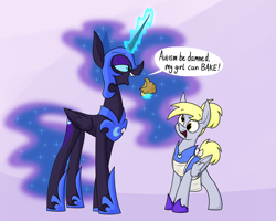 Size: 2876x2299 | Tagged: safe, artist:moonatik, derpy hooves, nightmare moon, alicorn, pegasus, pony, g4, abstract background, alternate hairstyle, apron, autism, clothes, concave belly, cute, duo, ethereal mane, ethereal tail, eyeshadow, female, folded wings, food, gloves, glowing, glowing horn, hair bun, happy, height difference, helmet, hoof shoes, horn, lidded eyes, magic, magic aura, makeup, mare, muffin, nicemare moon, open mouth, peytral, physique difference, princess shoes, sharp teeth, shirt, shoes, slim, standing, starry mane, starry tail, tail, tail bun, tall, teeth, telekinesis, thin, wings