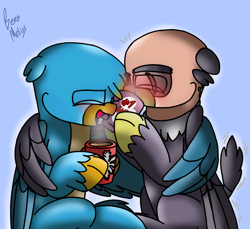 Size: 1806x1653 | Tagged: safe, artist:beesmeliss, gallus, grampa gruff, griffon, g4, blue background, chibi, chocolate, duo, food, hot chocolate, mug, simple background