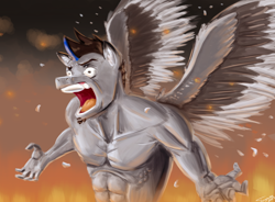 Size: 2930x2160 | Tagged: safe, artist:twigpaste, oc, oc only, oc:twigs, pegasus, anthro, ear fluff, feather, fire, high res, male, male oc, rage, solo, spread wings, wings