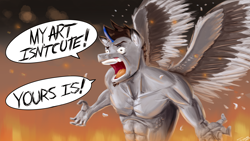 Size: 3840x2160 | Tagged: safe, artist:twigpaste, oc, oc only, oc:twigs, pegasus, anthro, ear fluff, feather, fire, high res, male, male oc, rage, solo, speech bubble, spread wings, wings