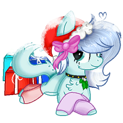 Size: 400x400 | Tagged: safe, artist:angellightyt, oc, oc only, earth pony, pony, animated, barely animated, base used, blushing, bow, chest fluff, choker, christmas, clothes, earth pony oc, female, hat, holiday, horn, leg warmers, mare, present, santa hat, simple background, solo, transparent background