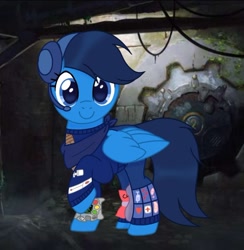 Size: 720x737 | Tagged: artist needed, safe, oc, oc only, oc:bluewing, pegasus, pony, fallout equestria, bandana, bandolier, blue coat, blue eyes, blue mane, blue tail, chips, clothes, enclave, enclave uniform, food, headphones, medkit, military uniform, pipbuck, solo, stable 2, tail, uniform, water bottle, wings