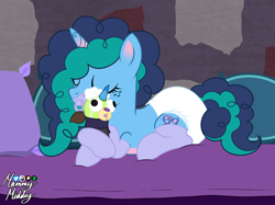 Size: 2732x2048 | Tagged: safe, artist:mommymidday, madame taffytail, misty brightdawn, pony, unicorn, g5, abdl, adult foal, bed, bedroom, clothes, coat markings, crossed hooves, cute, diaper, diaper fetish, eyes closed, fake cutie mark, fetish, freckles, high res, non-baby in diaper, pacifier, pillow, relaxing, show accurate, socks, solo, two toned hair
