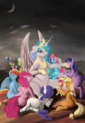 Size: 4423x6344 | Tagged: safe, artist:derpx1, apple bloom, applejack, cup cake, derpy hooves, fluttershy, granny smith, minuette, pinkie pie, princess celestia, rainbow dash, rarity, scootaloo, spike, sweetie belle, twilight sparkle, dragon, earth pony, parasprite, pegasus, pony, unicorn, g4, applebutt, balloonbutt, bipedal, butt, chubby, crown, cutie mark crusaders, el aquelarre, female, filly, fine art parody, foal, food, holding a pony, hoof shoes, jewelry, mane seven, mane six, mare, peytral, plump, princess shoes, rearity, regalia, spine, sternocleidomastoid, summer sun celebration, sweetie butt, thighs, thunder thighs, unicorn twilight, x eyes