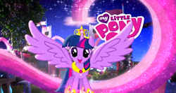 Size: 1318x701 | Tagged: safe, twilight sparkle, alicorn, pony, g4, magical mystery cure, big crown thingy, crystal princess celebration, element of magic, female, hoof shoes, jewelry, logo, magical mystery cure 10th anniversary, mare, my little pony logo, princess, princess shoes, real life background, regalia, spread wings, twilight sparkle (alicorn), wings