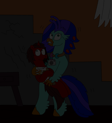 Size: 2619x2877 | Tagged: safe, artist:supahdonarudo, oc, oc only, oc:ironyoshi, oc:sea lilly, classical hippogriff, hippogriff, pony, unicorn, atg 2023, bipedal, camera, clothes, dark, drapes, drawer, haunted house, high res, holding, holding a pony, jewelry, necklace, newbie artist training grounds, scared, shaking, shirt, stairs