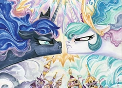 Size: 1054x763 | Tagged: safe, artist:sara richard, edit, idw, princess celestia, princess luna, friends forever #38, g4, my little pony: friends forever, spoiler:comic, angry, canterlot, cover art, cropped, eye contact, floppy ears, frown, glare, glowing, glowing horn, hoof hold, horn, horns are touching, looking at each other, looking at someone, magic, royal sisters, siblings, sisters