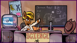 Size: 3840x2160 | Tagged: safe, artist:sugardotxtra, oc, oc only, oc:acres, pony, bill nye the science guy, chalk, chalkboard, classroom, clothes, complex background, consider the following, cowboy hat, desk, fire, hat, high res, lab coat, looking at you, microscope, necktie, poster, science, solo, television, tv show