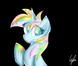 Size: 2034x1722 | Tagged: safe, artist:lydia, oc, oc only, oc:windy／painting heart, pony, unicorn, black background, colored, female, looking at you, open mouth, paint, painting, simple background, smiling
