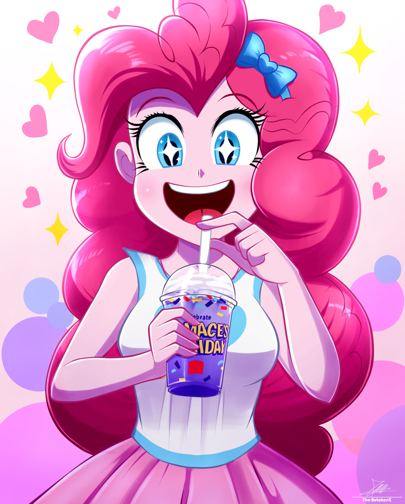 [artist:the-butch-x,breasts,cute,equestria girls,female,human,meme,open mouth,pinkie pie,safe,solo,starry eyes,wingding eyes,diapinkes,this will not end well,smiling,mcdonald's,open smile,equestria girls series,tiktok,grimace shake]