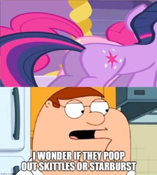 Size: 848x948 | Tagged: safe, edit, edited screencap, screencap, pinkie pie, twilight sparkle, earth pony, human, pony, unicorn, g4, green isn't your color, balloonbutt, butt, candy, caption, cropped, family guy, female, fetish, glasses, image macro, implied poop, looking at butt, male, meme, peter griffin, plot, poop joke, skittles, starburst (candy), text, twibutt, unicorn twilight