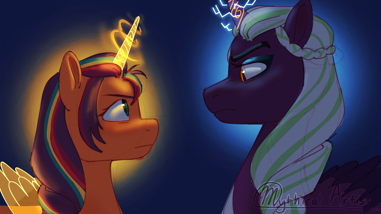 [alicorn,artificial wings,augmented,bust,duo,female,g5,glowing,glowing horn,horn,magic,magic wings,mare,pony,profile,race swap,safe,simple background,wings,height difference,looking at each other,artificial horn,faceoff,eye contact,gradient background,folded wings,confrontation,2022,magic horn,looking at someone,sunny starscout,sunnycorn,opaline arcana,artist:mythicalartist_]