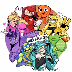 Size: 4000x4000 | Tagged: safe, artist:friccafracc, twilight sparkle, alicorn, echidna, fish, human, pony, g4, anime, bumblebee (transformers), color wheel, color wheel challenge, crossover, darwin watterson, food, hatsune miku, heart, heart hands, kermit the frog, knuckles the echidna, leonardo, one eye closed, princess peach, rise of the teenage mutant ninja turtles, smiling, sonic the hedgehog (series), super mario bros., tea, teenage mutant ninja turtles, the amazing world of gumball, the muppets, tongue out, transformers, transformers animated, twilight sparkle (alicorn), vocaloid, wink