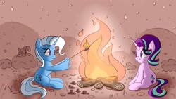 Size: 2000x1125 | Tagged: safe, artist:nedemai, starlight glimmer, trixie, twilight sparkle, alicorn, pony, unicorn, g4, atg 2023, bonfire, burning, bush, duo focus, female, fire, food, horn, lurking, mare, marshmallow, monochrome background, newbie artist training grounds, night, peeking, sitting, twilight sparkle (alicorn)