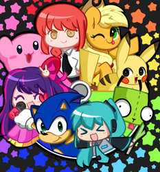 Size: 1200x1285 | Tagged: safe, artist:kittyrosie, applejack, earth pony, hedgehog, human, kirin, pikachu, pony, g4, :3, ><, ^^, ai hoshino, anime, chainsaw man, clothes, color wheel, color wheel challenge, crossover, cute, eyes closed, freckles, gir, hatsune miku, heart, heart eyes, invader zim, jackabetes, kirby, kirby (series), makima, one eye closed, open mouth, oshi no ko, pokémon, silly, silly pony, sonic the hedgehog, sonic the hedgehog (series), tongue out, vocaloid, wingding eyes