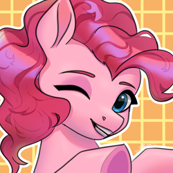 Size: 2300x2300 | Tagged: safe, artist:rily, pinkie pie, earth pony, pony, g4, bust, chinese, female, high res, looking at you, one eye closed, outline, smiling, smiling at you, solo, three quarter view, white outline, wink, winking at you