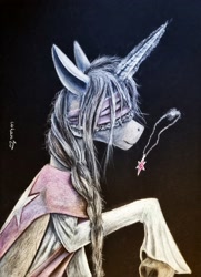 Size: 1911x2644 | Tagged: safe, artist:cahandariella, oc, alicorn, pony, blind, braid, bust, clothes, colored pencil drawing, covering eyes, hair over eyes, jewelry, magic, necklace, newbie artist training grounds, nun, nun outfit, realistic, robe, solo, traditional art