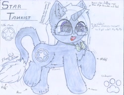 Size: 3296x2548 | Tagged: safe, artist:fliegerfausttop47, oc, oc only, oc:star tankist, cat, hybrid, original species, pony, sphinx, unicorn, adorkable, arm fluff, belly fluff, binoculars, cheek fluff, chest fluff, cute, cute little fangs, cutie mark, description is relevant, dork, ear fluff, excited, fangs, female, filly, fluffy, foal, glasses, happy, high res, hoof fluff, hooves, horn, hybrid oc, kitten, leg fluff, leonine tail, magenta eyes, mare, open mouth, paw pads, paws, prancing, reference sheet, reference shit, shoulder fluff, signature, simple background, smiling, solo, sphinx oc, tail, tail fluff, traditional art, unicorn oc, white background, white mane, white tail