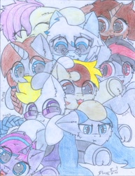 Size: 1700x2200 | Tagged: safe, artist:fliegerfausttop47, oc, oc only, oc:azure interdictor, oc:backgroundpony#f352, oc:blood moon, oc:countess sweet bun, oc:dark, oc:dust, oc:lightpoint, oc:nocturnal vision, oc:woj-tek, bat pony, earth pony, original species, pegasus, plane pony, pony, unicorn, blue coat, blue eyes, blue mane, braid, braided ponytail, braided tail, brown coat, brown eyes, cheek fluff, chest fluff, cuddle puddle, cuddling, cute, daaaaaaaaaaaw, description is relevant, ear fluff, eyes closed, fluffy, glasses, gray coat, happy, looking at someone, looking at you, lying down, not fluttershy, ocbetes, pencil drawing, plane, pony pile, ponytail, prone, purple coat, purple eyes, purring, red eyes, simple background, slit pupils, smiling, snuggling, squish, story included, tail, too many ponies, traditional art, white coat