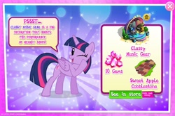 Size: 1550x1036 | Tagged: safe, gameloft, twilight sparkle, alicorn, pony, g4, my little pony: magic princess, advertisement, costs real money, cute, female, folded wings, gem, mare, one eye closed, open mouth, open smile, smiling, solo, twiabetes, twilight sparkle (alicorn), wings, wink