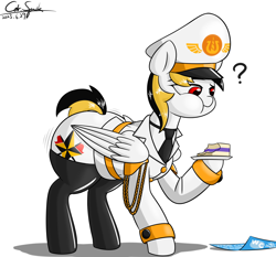Size: 3000x2800 | Tagged: safe, artist:cdrspark, oc, oc only, oc:spark apocalypse, pegasus, pony, belt, butt expansion, cake, cap, cheek bulge, clothes, female, food, growth, hat, high res, military uniform, necktie, pegasus oc, question mark, short tail, simple background, socks, solo, tail, thigh highs, this will end in weight gain, u.d.c.e., uniform, white background, wide club