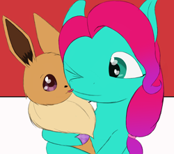 Size: 1700x1500 | Tagged: safe, artist:php176, derpibooru exclusive, jazz hooves, earth pony, eevee, pony, g5, crossover, cuddling, duo, face licking, female, hoof polish, hug, licking, looking at each other, looking at someone, mare, one eye closed, pokémon, smiling