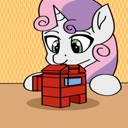 Size: 1000x1000 | Tagged: safe, artist:artevi, sweetie belle, pony, unicorn, g4, amogus, among us, atg 2023, female, filly, foal, lego, meme, newbie artist training grounds, solo, table, ඞ